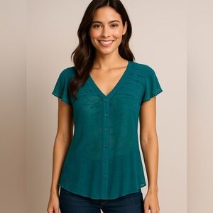 ๐๐ East 5th Sheer Blouse - Emerald Green, Short Sleeve V-Neck ๐๐